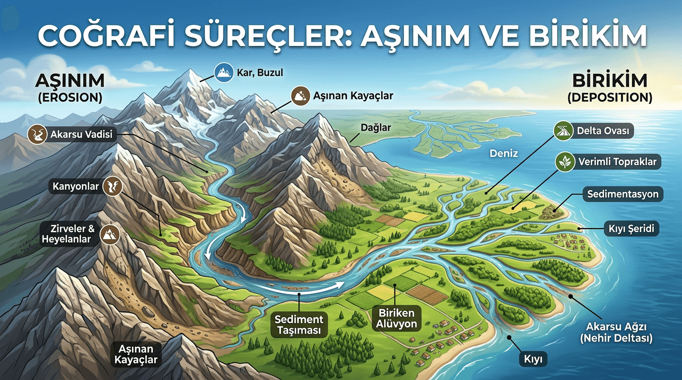 Doğanın Mimarları: Aşınım ve Birikim Süreçleri ile Yeryüzü Şekillerinin Oluşumu