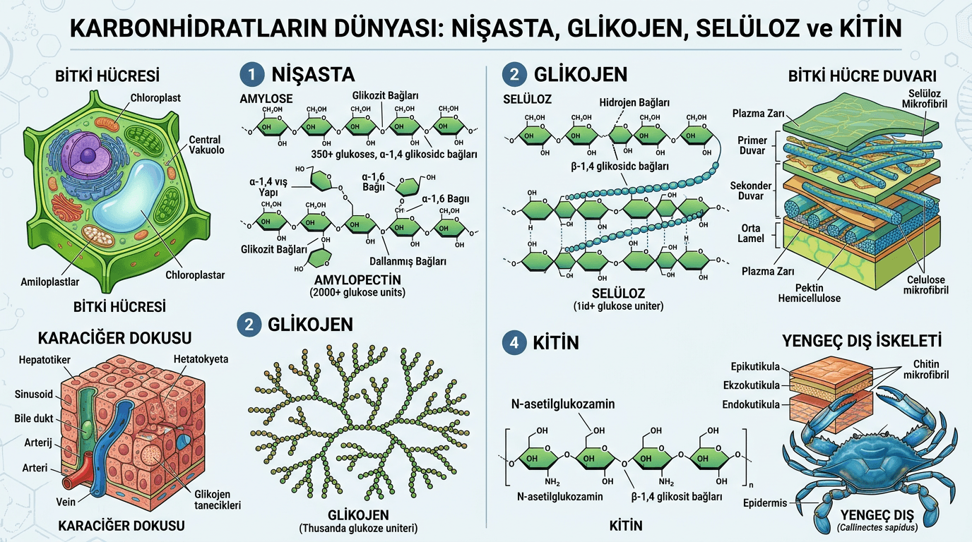 Polisakkarit Nedir? (Nişasta, Glikojen, Selüloz, Kitin)